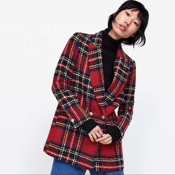 zara red check blazer